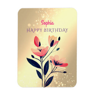 Íman Feliz Aniversário, Nome, Flores em Dourado