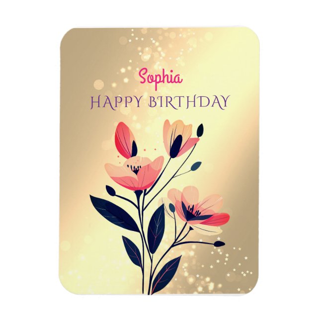 Íman Feliz Aniversário, Nome, Flores em Dourado (Vertical)
