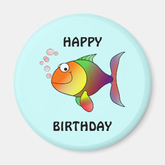 Íman FELIZ ANIVERSÁRIO, peixe de desenho colorido, botã