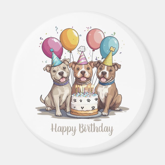 Íman Feliz Aniversário Pit Bull Cães (Frente)