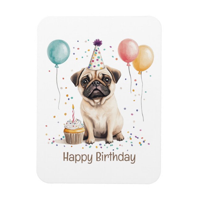 Íman Feliz Aniversário Pug Cachorro (Vertical)
