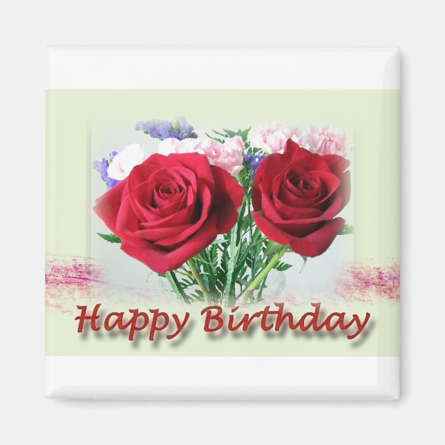 Íman Feliz Aniversário Rosa vermelha Floral (Frente)