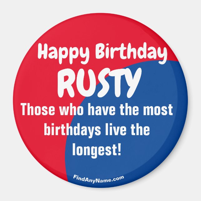 Íman Feliz aniversário RUSTY vermelho/azul ímã (Frente)