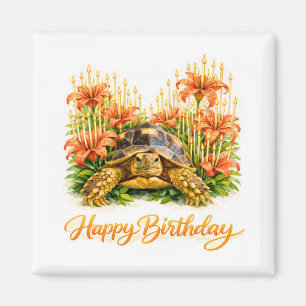 Íman Feliz Aniversário tartaruga Sulcata com Lírios Lar