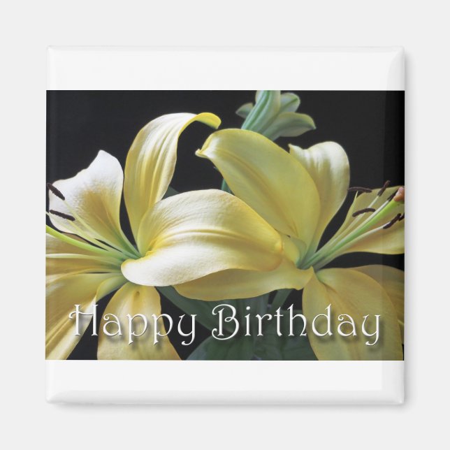 Íman Feliz aniversário Yellow Lily Floral Design (Frente)