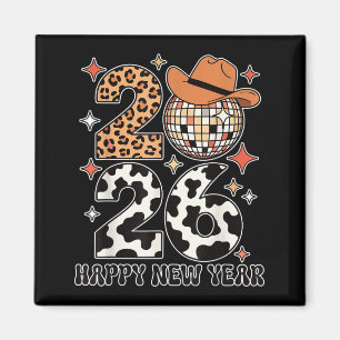 Íman Feliz Ano Novo 2026 Cowgirl Bola de Disco Ocidenta