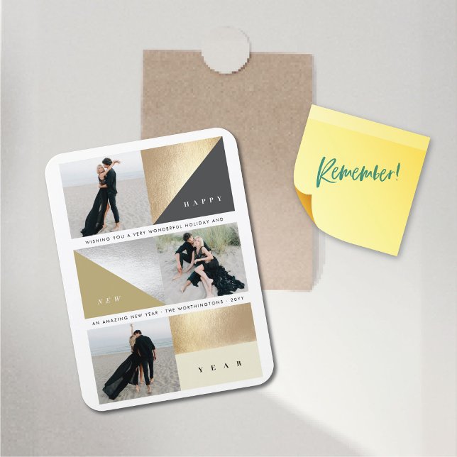 Íman Feliz ano novo Gold Foil Blocks Na moda 3 Foto (Happy New Year Faux Gold / Silver Foil Simple Blocks Stylish 3 Photo Flexible Magnet @ fat_fa_tin)