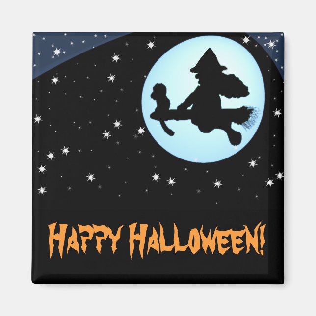 Íman Feliz Bruxa Voadora de Halloween e Magneta de Maca (Frente)