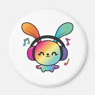 Íman Feliz Bunny com fones de ouvido ouvindo música.