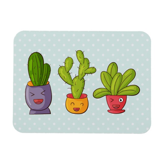 Íman Feliz Cactus Cute em Potes Flores, ilustração dive (Horizontal)