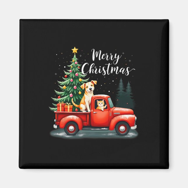 Íman Feliz Caminhão Vermelho de Natal com Cão &amp; Gat (Frente)