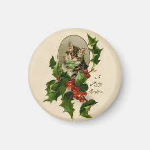 Íman Feliz de Natal Holly Kitten Arte Antiquada