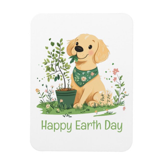 Íman Feliz Dia da Terra Cachorro Golden Retriever Jardi (Vertical)