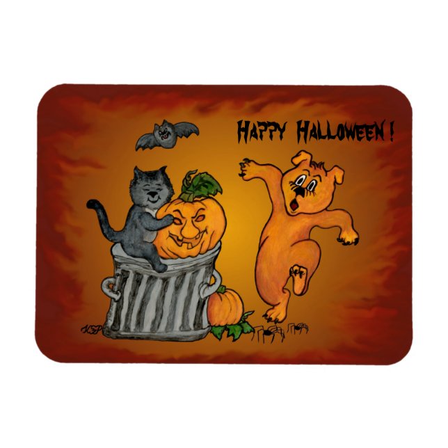 Íman Feliz Dia das Bruxas com Cachorro de Gato e Aranha (Horizontal)