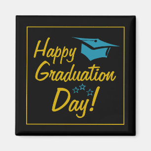 Íman Feliz Dia de Graduação Dourado Azul Preto 