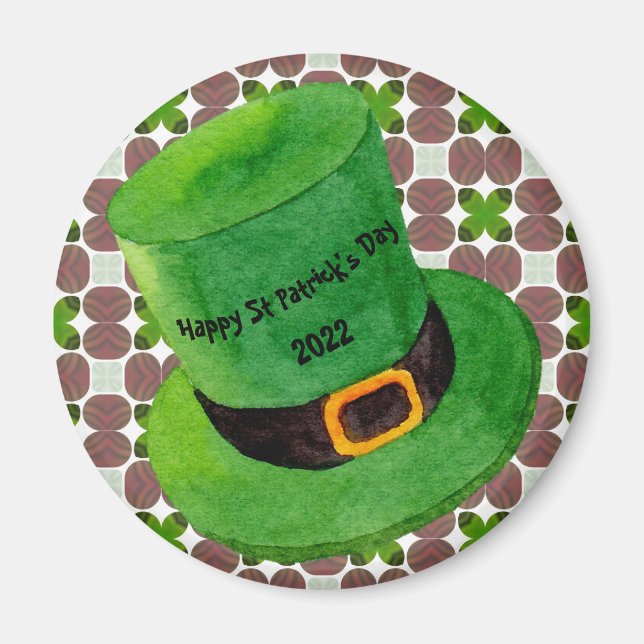 Íman Feliz Dia de São Patrício Leprechaun Hat Shamrock (Frente)