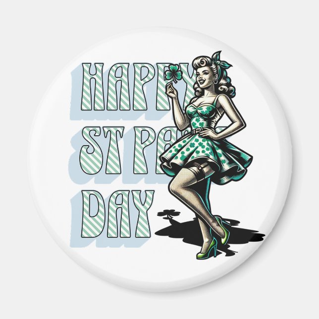 Íman Feliz Dia de São Patrício Pinup Girl com Shamrock (Frente)
