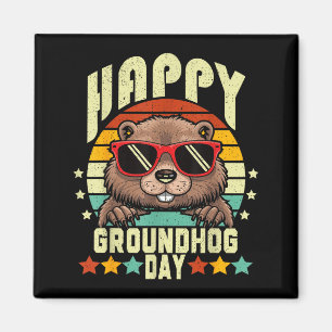 Íman Feliz Dia do Groundhog 2025 Fofa Marmota Retro