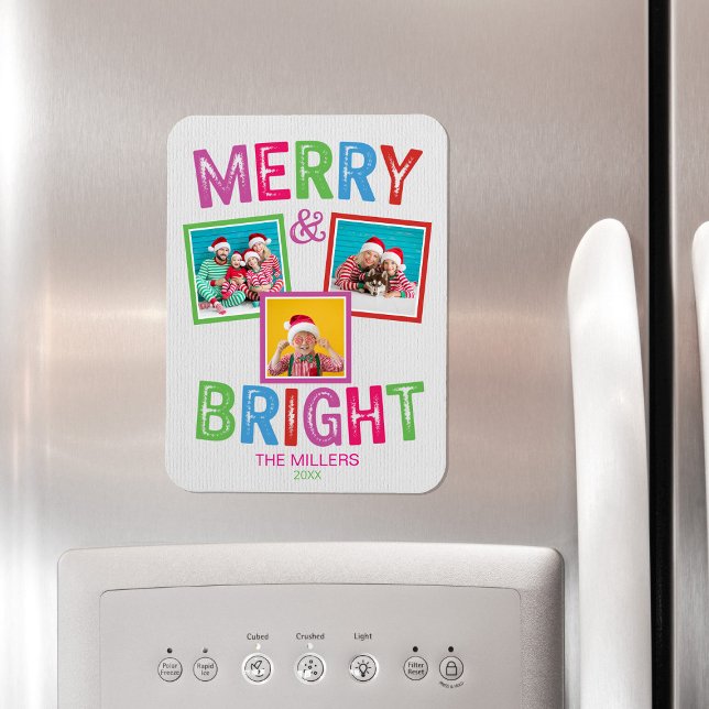 Íman Feliz e Bright Foto de Natal (Merry and Bright Colorful Rainbow Christmas Photo Magnet)