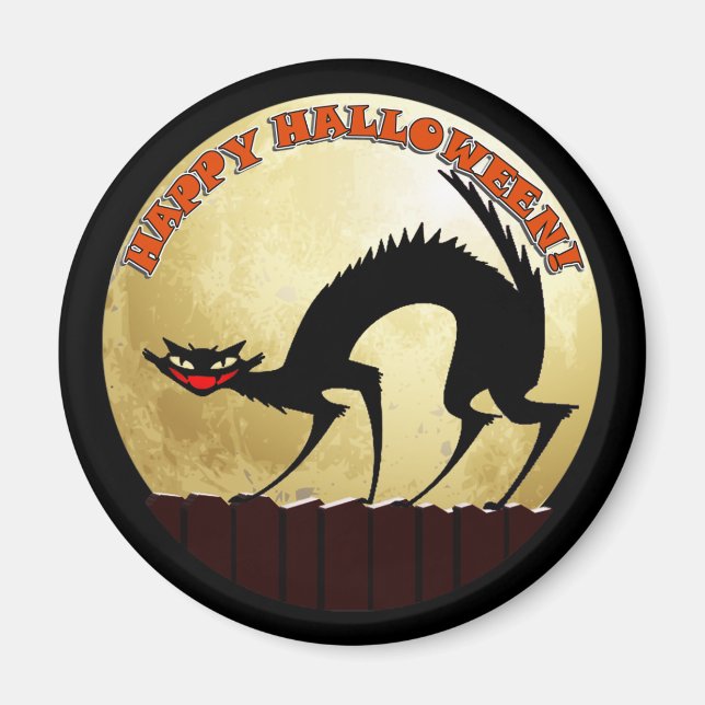 Íman Feliz Gato Negro de Halloween com Lua Cheia (Frente)