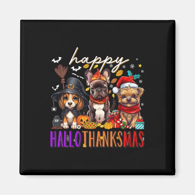 Íman Feliz Hallothanksmas Cães de Halloween Ação de Gra (Frente)