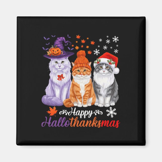 Íman Feliz Hallothanksmas Gatos Halloween Dia de Ação d (Frente)