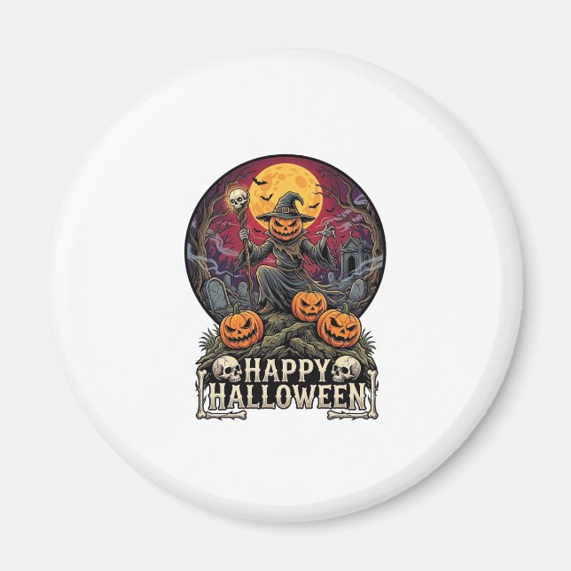 Íman Feliz Halloween Abóbora Mago Cemitério Lua Cheia (Frente)