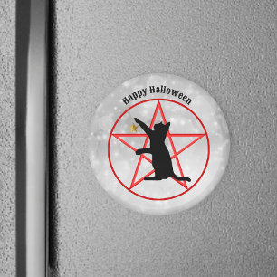 Íman Feliz Halloween Black Cat Pentagram em Cinza White