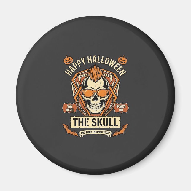 Íman Feliz Halloween Caveira Mohawk Óculos de Sol Abóbo (Frente)