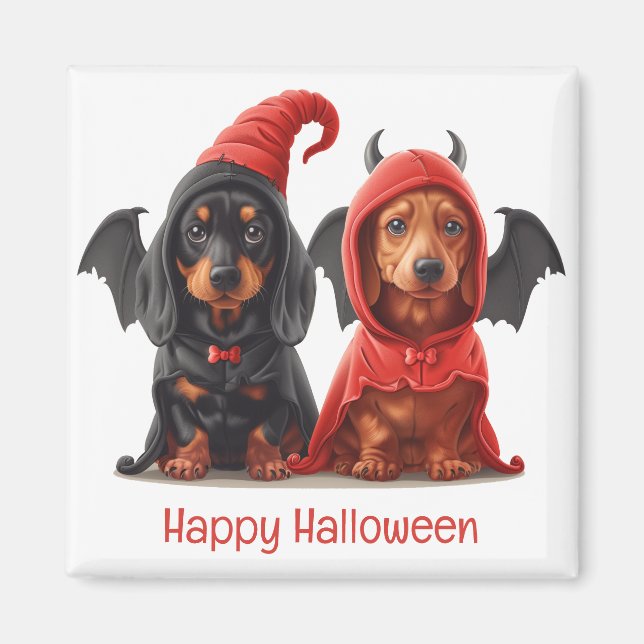 Íman Feliz Halloween Dachshund Dogs Devil Bat (Frente)