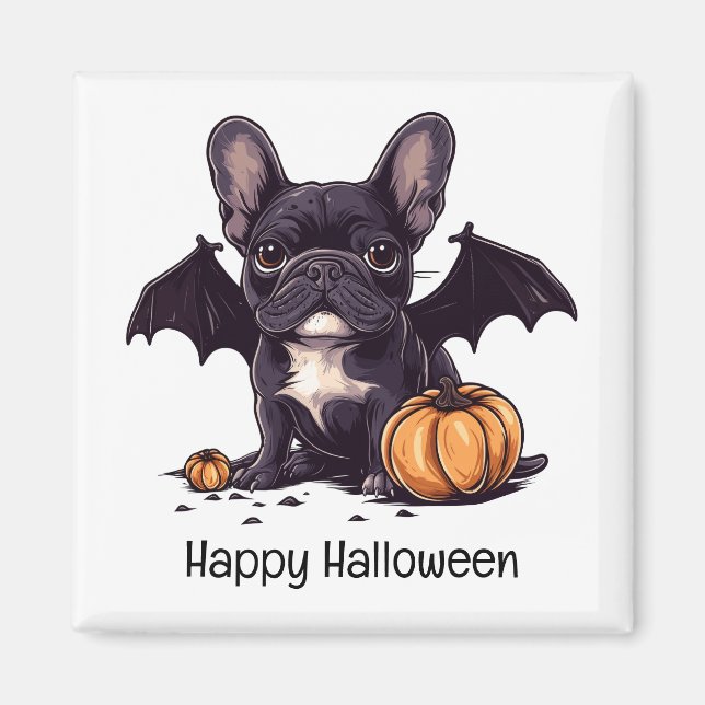 Íman Feliz Halloween Francês Buldogue Wings Pumpkins (Frente)