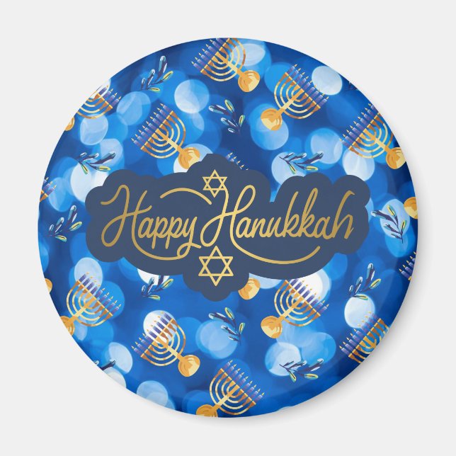 Íman Feliz Hanukkah Azul e Branco (Frente)