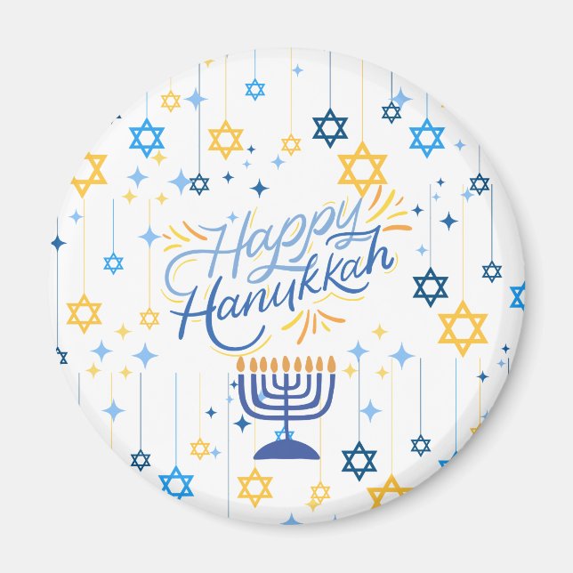 Íman Feliz Hanukkah Azul e Dourado (Frente)