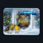 Íman Feliz Hanukkah. Cena da Janela de Neve com Menorah<br><div class="desc">Feliz Hanukkah. Cena da Janela de Neve com Pássaros e Velas Menorah pintando anotações personalizáveis para presentes. Cartões e presentes disponíveis nas Férias Judaicas | Hanukkah Categoria da nossa loja.</div>