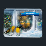 Íman Feliz Hanukkah. Cena da Janela de Neve com Menorah<br><div class="desc">Feliz Hanukkah. Cena da Janela de Neve com Pássaros e Velas Menorah pintando anotações personalizáveis para presentes. Cartões e presentes disponíveis nas Férias Judaicas | Hanukkah Categoria da nossa loja.</div>
