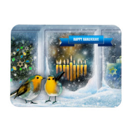 Íman Feliz Hanukkah. Cena da Janela de Neve com Menorah