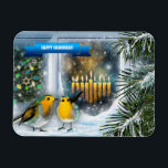 Íman Feliz Hanukkah. Cena da Janela de Neve com Menorah<br><div class="desc">Feliz Hanukkah. Cena da Janela de Neve com Pássaros e Imagens para Presentes da Pintura de Menorah. Cartões e presentes disponíveis na Categoria Feriados Judeus / Hanukkah da nossa loja.</div>