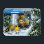 Íman Feliz Hanukkah. Cena da Janela de Neve com Menorah<br><div class="desc">Feliz Hanukkah. Cena da Janela de Neve com Pássaros e Imagens para Presentes da Pintura de Menorah. Cartões e presentes disponíveis na Categoria Feriados Judeus / Hanukkah da nossa loja.</div>