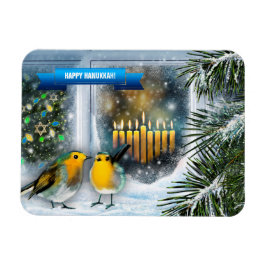 Íman Feliz Hanukkah. Cena da Janela de Neve com Menorah