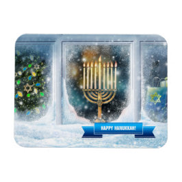 Íman Feliz Hanukkah. Cena de Neve com Menorah