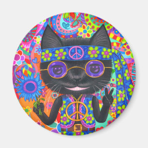 Íman Feliz Hippie Gato Óculos de Sol Sinal de Paz Flor