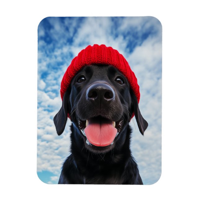 Íman Feliz Labrador em um Red Beanie Sob um Céu Azul (Vertical)