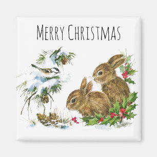 Íman Feliz Natal Bunnies e Pássaros Aproveitem o Neve M