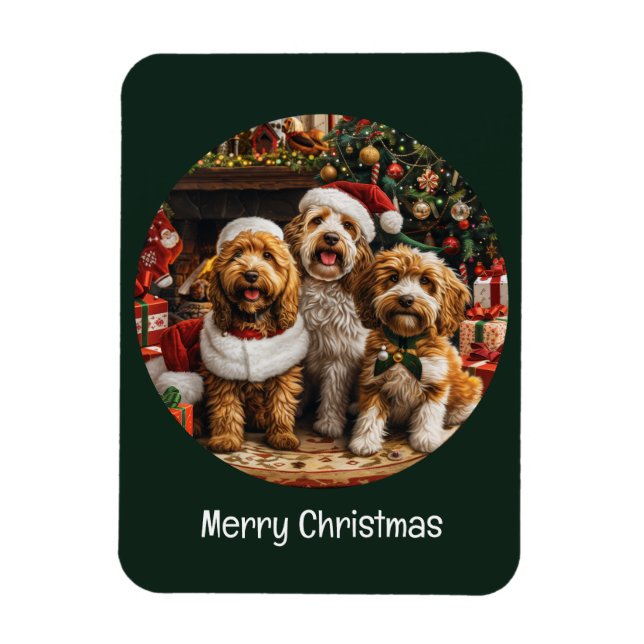 Íman Feliz Natal Cachorro de Cachorro de Goldendoodle (Vertical)