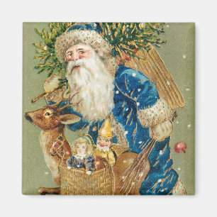 Íman Feliz Natal, Cartão Antigo, Papai Noel e Rena