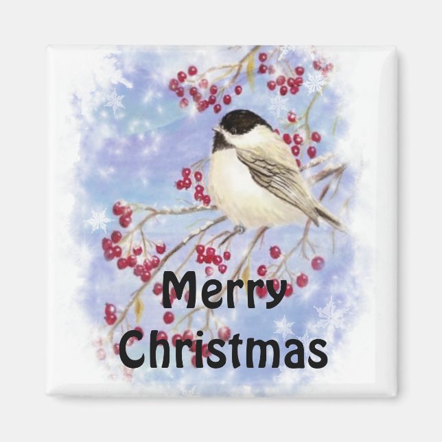 Íman Feliz Natal Chickadee Snowy Berry Tree (Frente)