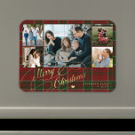Íman Feliz Natal - Colagem de Fotos - xadrez russa<br><div class="desc">Elegante na moda Merry Christmas faux gold clássico calliografia guião de cinco fotos da família vermelha verde xadrez tartan rustic magnet com seu texto personalizado personalizado.</div>
