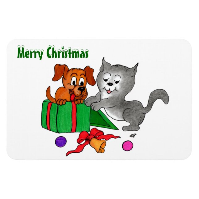 Íman Feliz Natal com Cat e Puppy (Horizontal)