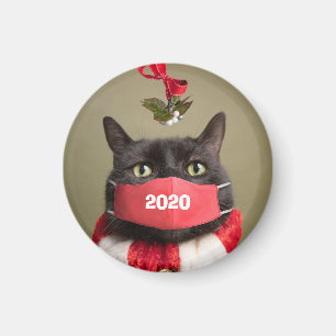 Íman Feliz Natal de 2020 Gato em Máscara de Rosto Covi