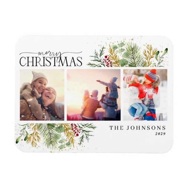 Íman Feliz Natal Dourado Foto Botânica de inverno Holid (Horizontal)